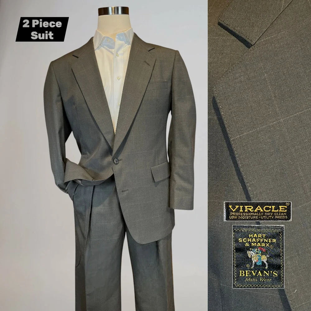 Vtg Hart Schaffner Marx 42R 34x29 Taupe Brown Plaid Classic Suit Viracle
